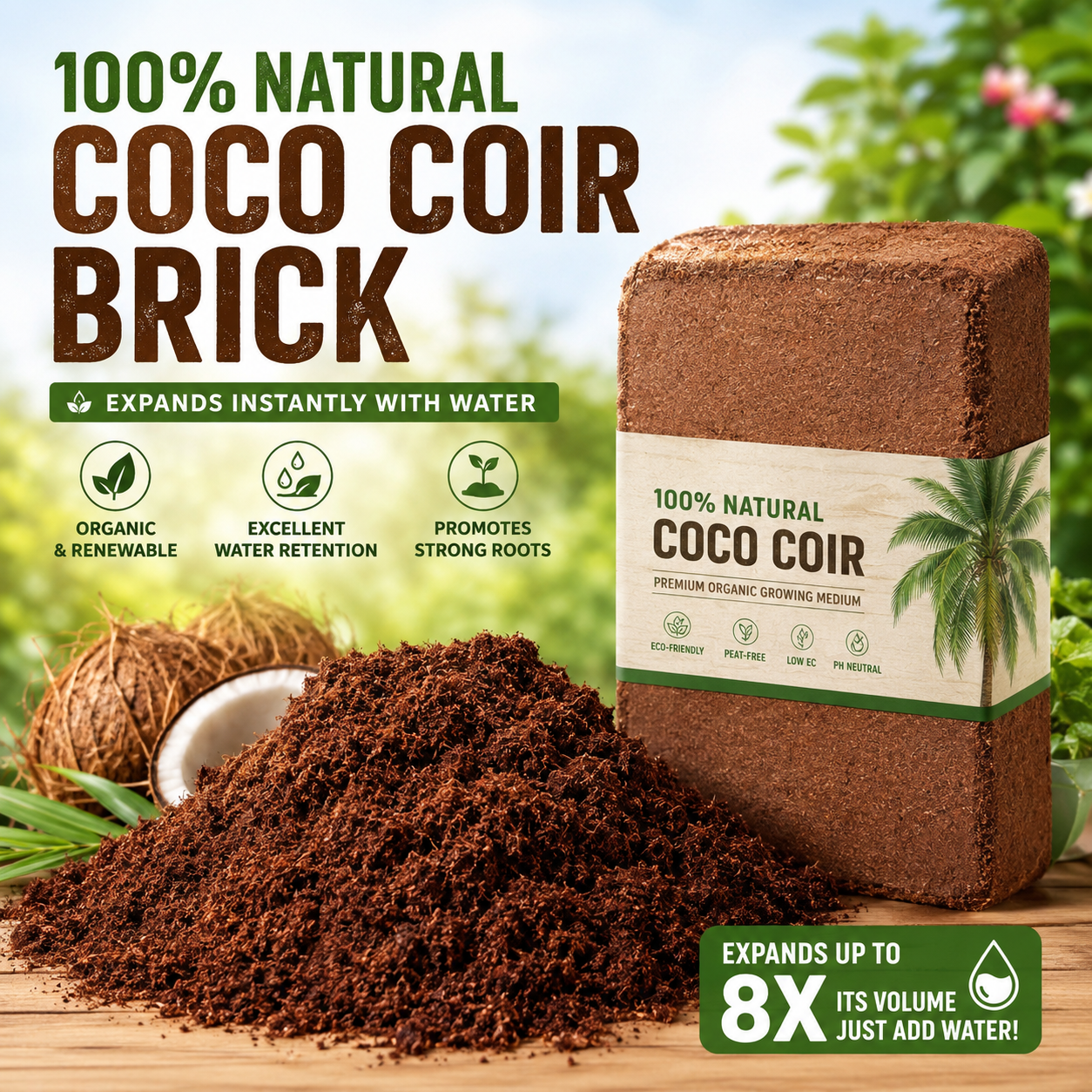 🥥🌿100% Natural Organic Coco Coir Brick - 💦Boost Root Growth, Improve Moisture Retention & Grow Bigger Harvests Naturally