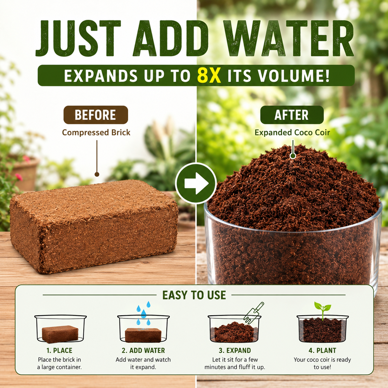 🥥🌿100% Natural Organic Coco Coir Brick - 💦Boost Root Growth, Improve Moisture Retention & Grow Bigger Harvests Naturally
