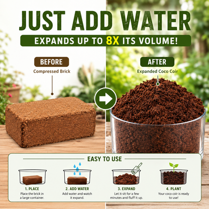 🥥🌿100% Natural Organic Coco Coir Brick - 💦Boost Root Growth, Improve Moisture Retention & Grow Bigger Harvests Naturally