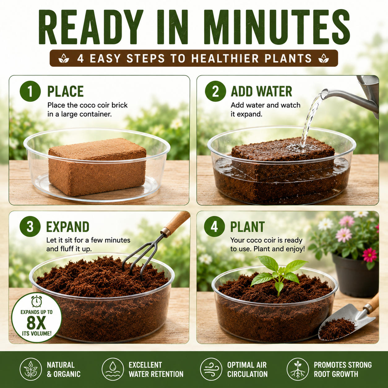 🥥🌿100% Natural Organic Coco Coir Brick - 💦Boost Root Growth, Improve Moisture Retention & Grow Bigger Harvests Naturally
