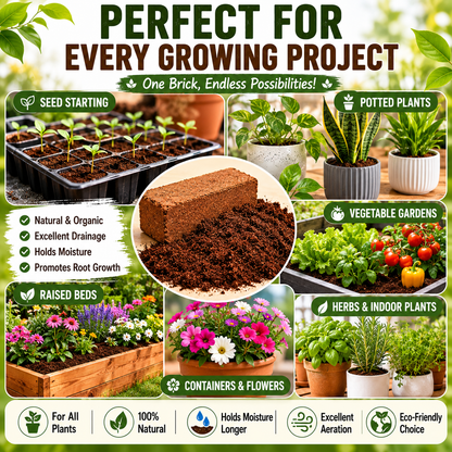 🥥🌿100% Natural Organic Coco Coir Brick - 💦Boost Root Growth, Improve Moisture Retention & Grow Bigger Harvests Naturally