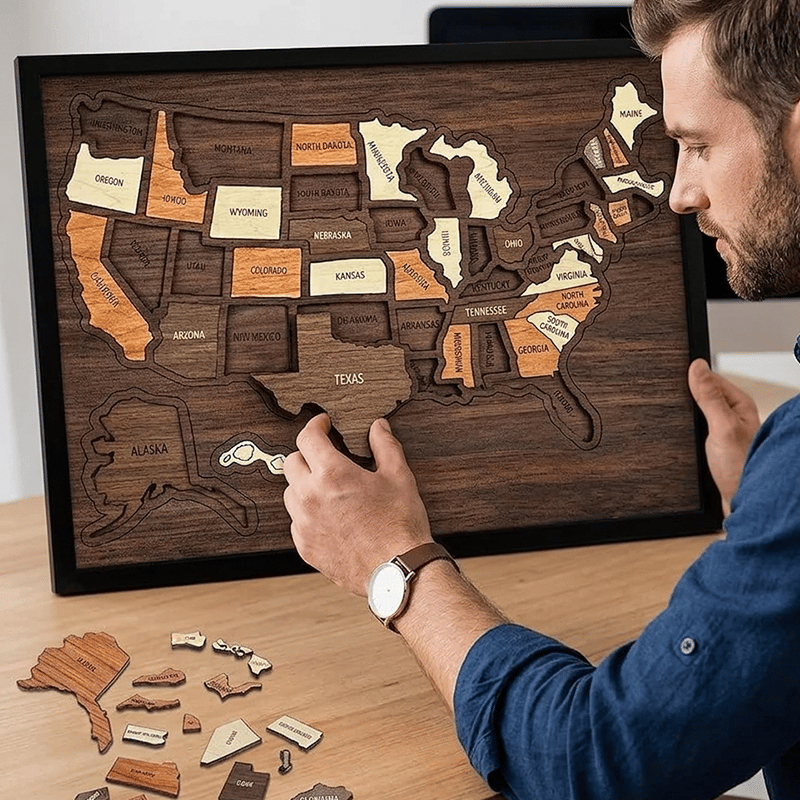 🌳🧩Wooden USA Travel Map Puzzle