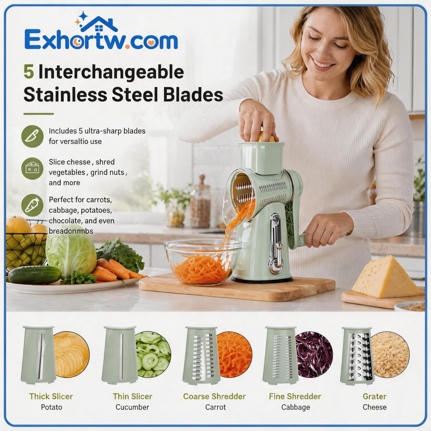 🧀Exhortw™ 5-in-1 Rotary Grater with Handle