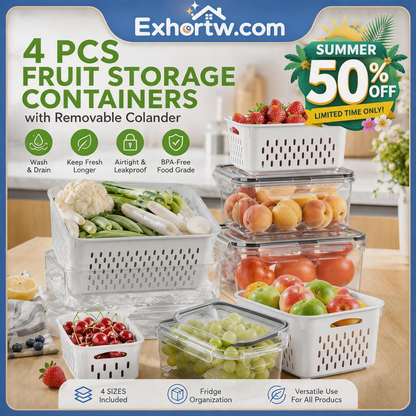 💦Fruit Storage Containers 4 PCS Refrigerator Organizer with Removable Colander