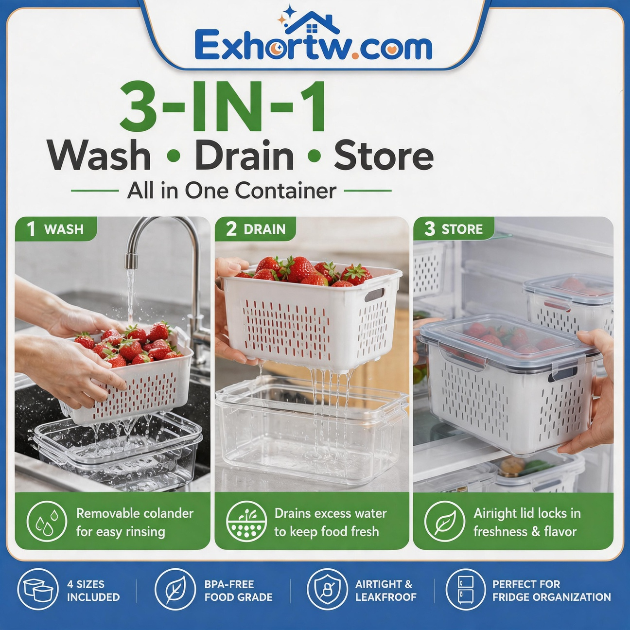 💦Fruit Storage Containers 4 PCS Refrigerator Organizer with Removable Colander